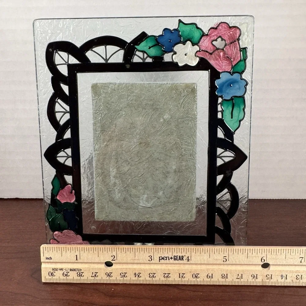 Vintage Joan Baker Designs Floral Hand-Painted Glass Photo Frame 1997 2.5x3.5